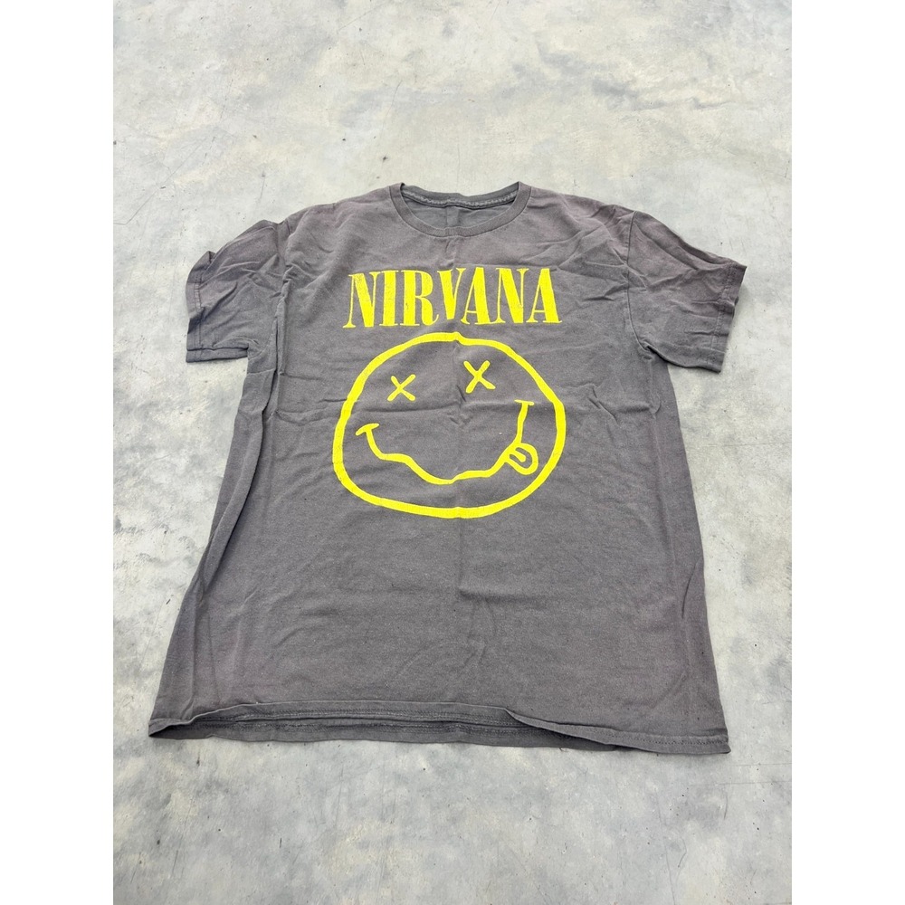 Nirvana T-Shirt‎ Mens Charcoal Gray Smiley Face Graphic Short Sleeve Grunge Rock